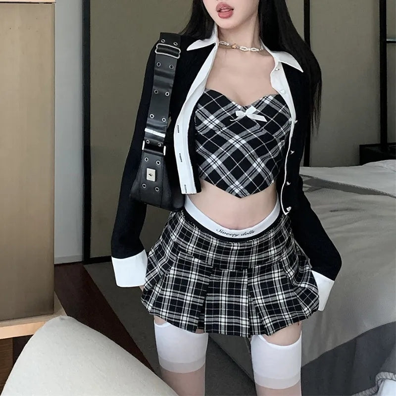 3PCS Plaid Patchwork Camisole + Pleated Skirt + Long Sleeve Shirt