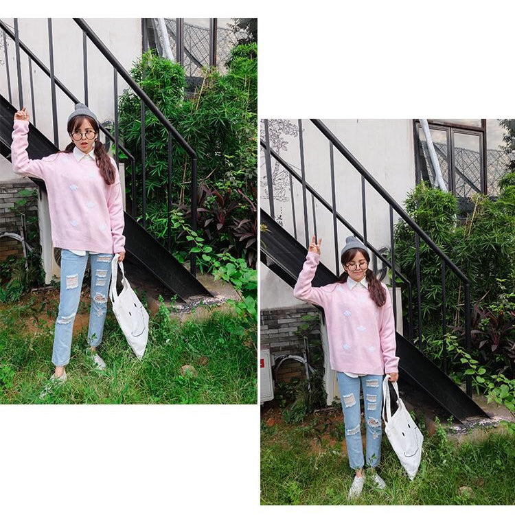 Cute Pastel Cloud Winter Autumn Loose Oversized Casual Knit Sweater Sweatshirt Pullover Jumper Shirt E-Girl Kawaii Korean Japanese Harajuku Streetwear