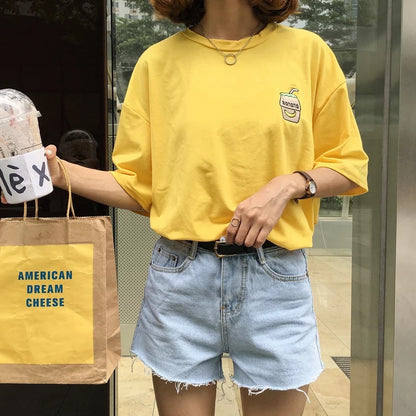 Cute Summer Banana Milk Drink Embroidery Yellow White Casual Short Sleeve Tee Shirt T-shirt Top E-Girl Kawaii Korean Japanese Harajuku Streetwear