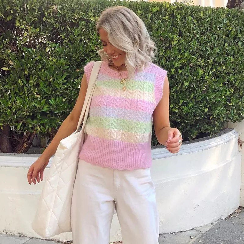 Cute Pink Rainbow Stripe Tie Dye Sleeveless V Neck Knit Vest Sweater Top Pullover Autumn Aesthetic E-Girl Kawaii Korean Japanese Harajuku Streetwear