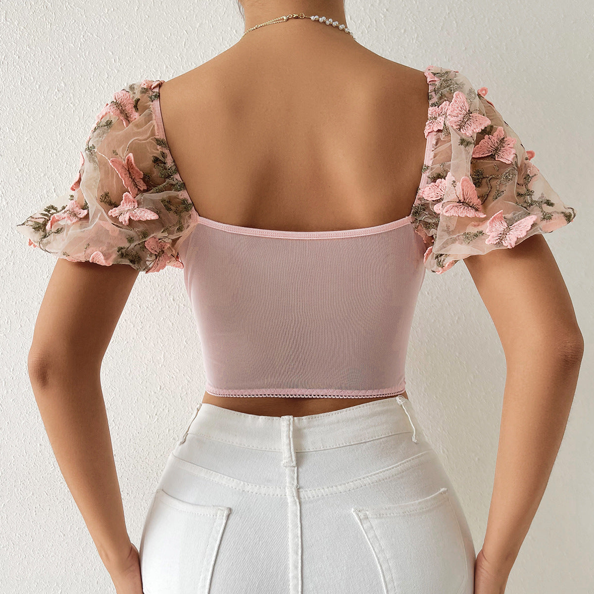Butterfly Embroidery Puff Short Sleeve Top