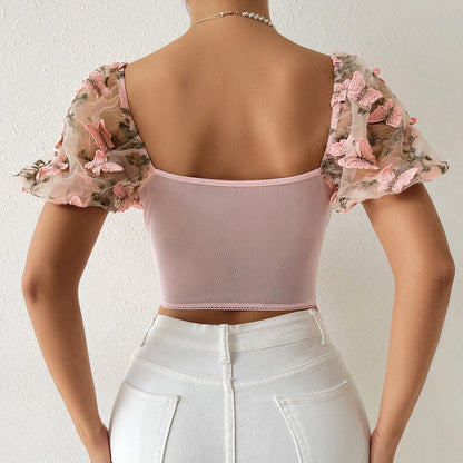 Butterfly Embroidery Puff Short Sleeve Top