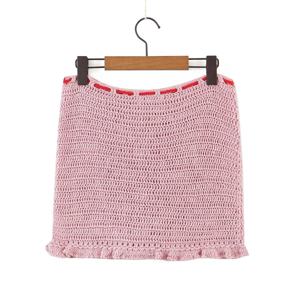 Pink Strawberry Crochet Knit Top + Sash Beach Mini Skirt