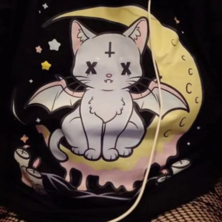 Cute Pastel Black Cat Witch Magic Moon Print Short Sleeve T-shirt Goth Punk Aesthetic Casual E-Girl Kawaii Korean Japanese Harajuku