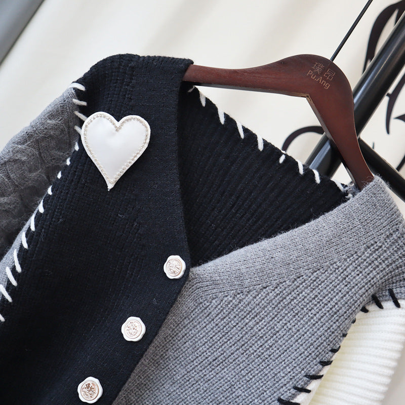 Grey Heart V Neck Patchwork Cardigan