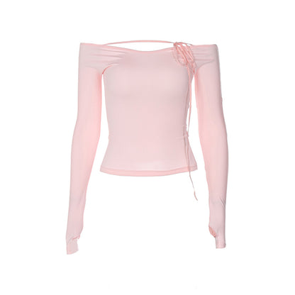Pink Bow Off Shoulder Long Sleeve Top