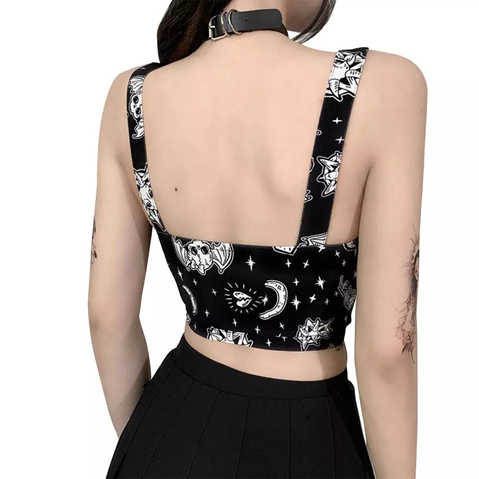 Cute Black Goth Skull Bat Goat Print Zipper Front Camisole Crop Top Tank Summer Aesthetic Casual E-Girl Kawaii Korean Japanese Harajuku