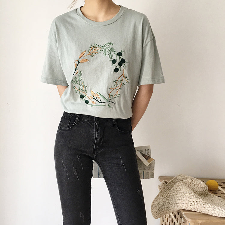 Cute Flower Plant Print Embroidery Shirt T-shirt Tee Top Kawaii Korean Japanese Harajuku Chinese Retro Streetwear Aesthetic Fashion