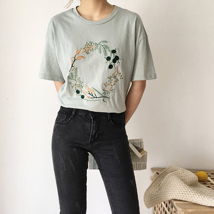 Cute Flower Plant Print Embroidery Shirt T-shirt Tee Top Kawaii Korean Japanese Harajuku Chinese Retro Streetwear Aesthetic Fashion