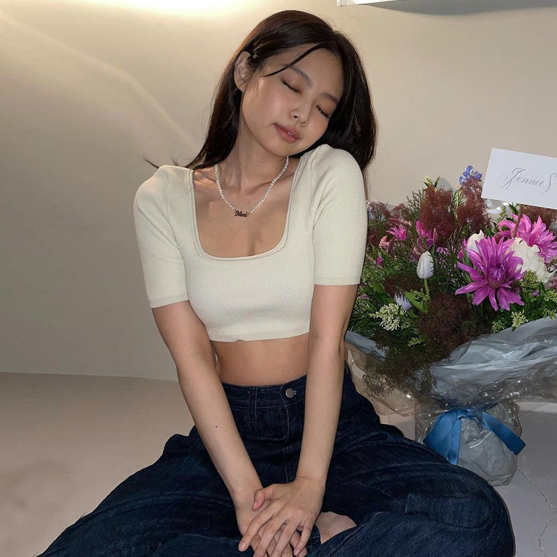 Beige Square Neck Crop Top