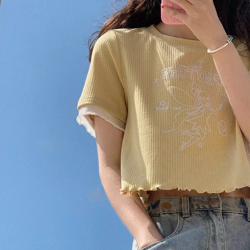 Sweet Fairy Embroidery Ruffle Short Sleeve T-shirt