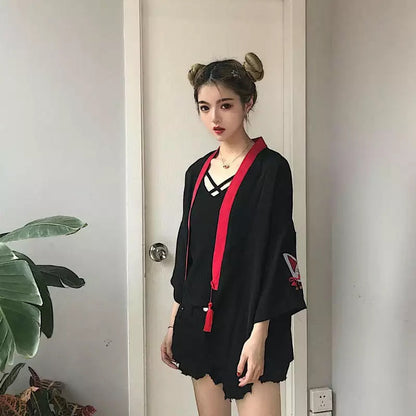 Fox Mask Anime Tassel Blouse Kimono Cardigan Cartoon Print Loose Blouse Long Sleeve Shirt Top E-Girl Kawaii Korean Japanese Harajuku Streetwear