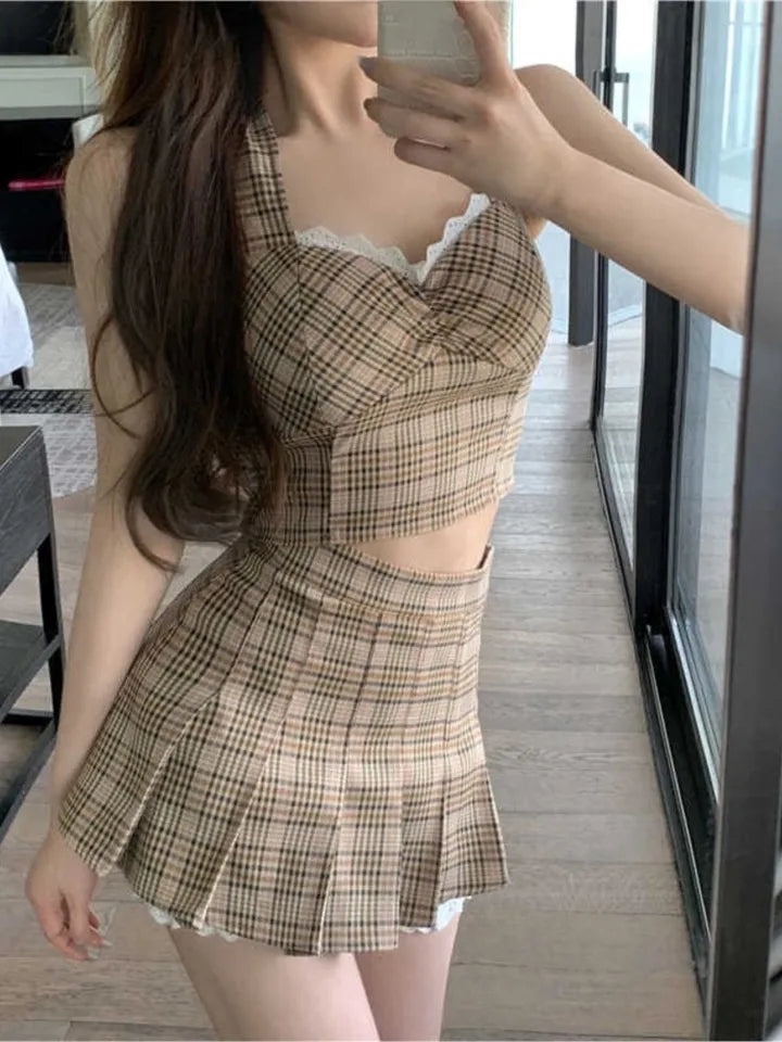 2PCS Plaid Lace Crop Top + Mini Skirt
