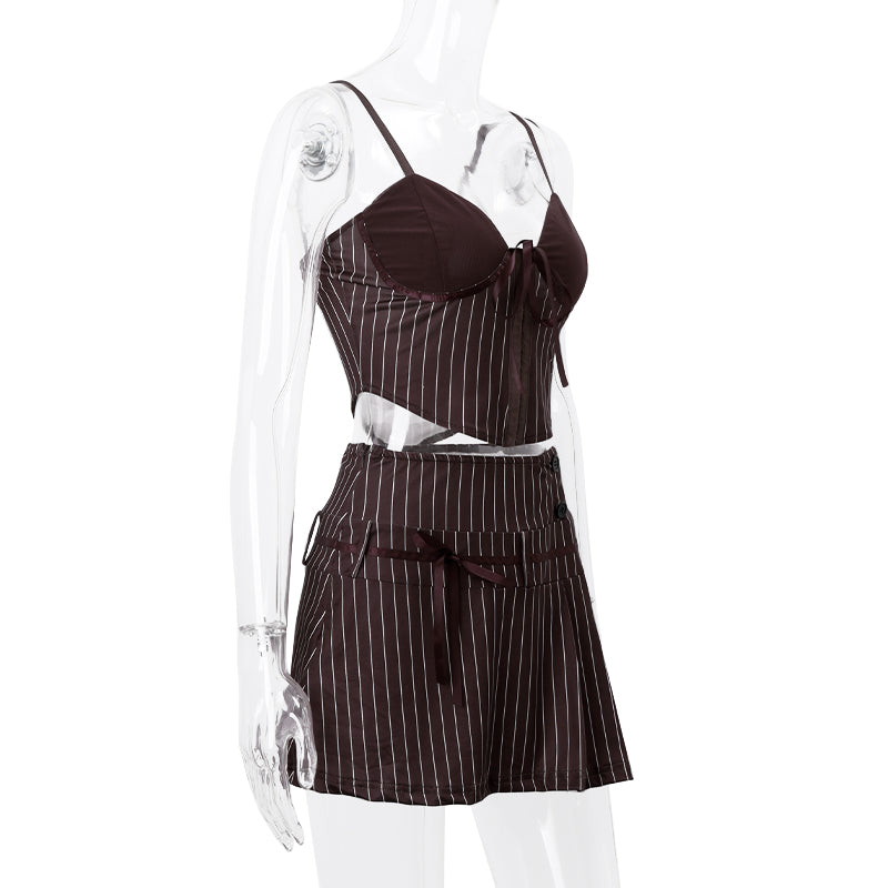 2PCS Vertical Stripe Print Spaghetti Strap Top + Skirt