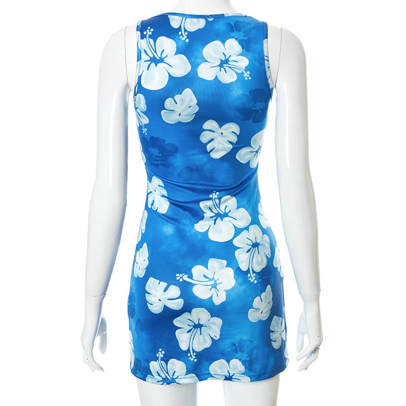 Blue Hibiscus Print Mini Dress