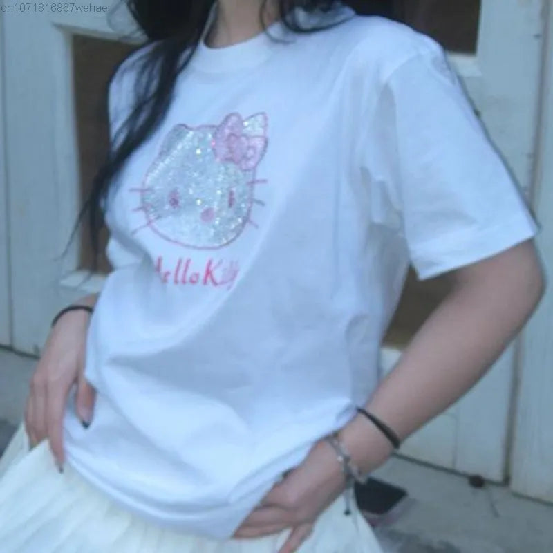 Kitty Cat Anime Rhinestone Short Sleeve T-shirt