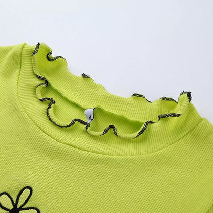 Cute Neon Green Flower Embroidery Casual Summer Crop Top Short Sleeve Tee Shirt T-Shirt E-Girl Kawaii Korean Japanese Harajuku Streetwear