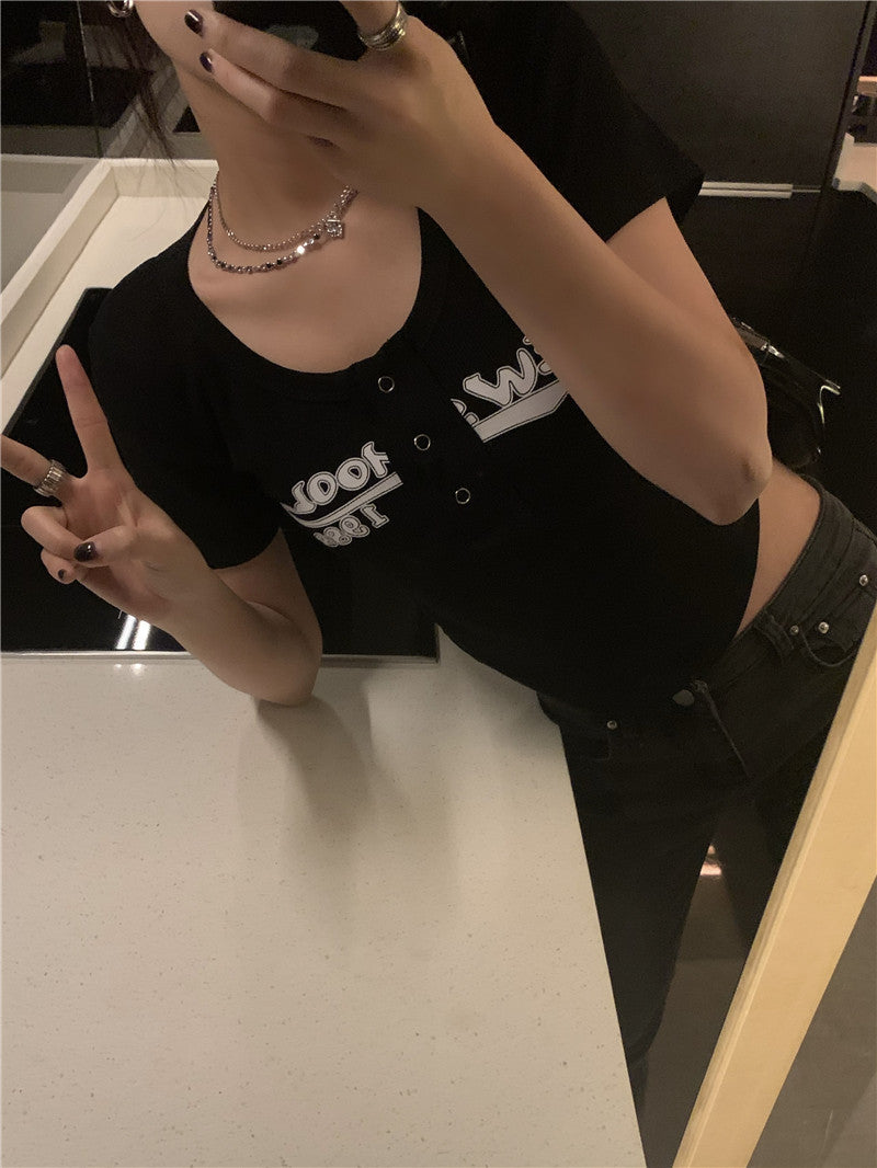 Black Graffiti Print Button Crop Top