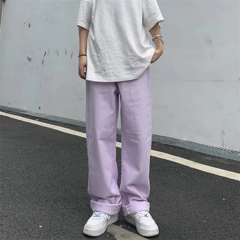 Cute Vintage Purple Baggy Loose Straight High Waisted Pants Wide Leg Denim Trousers Aesthetic Casual Summer E-Girl Kawaii Korean Japanese Harajuku
