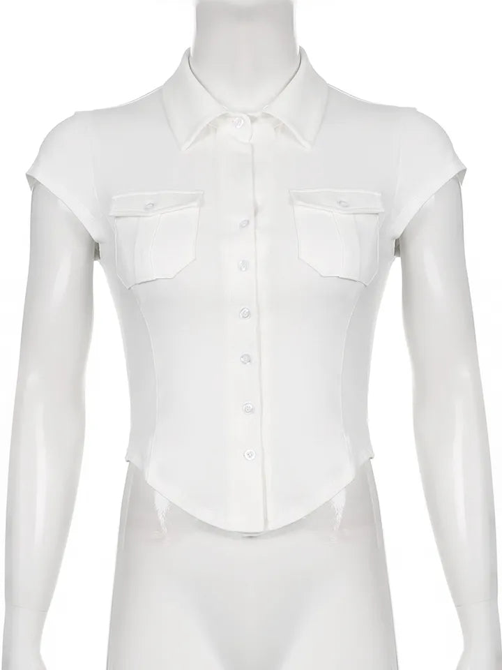 White Pocket Button Down Collar Short Sleeve Shirt