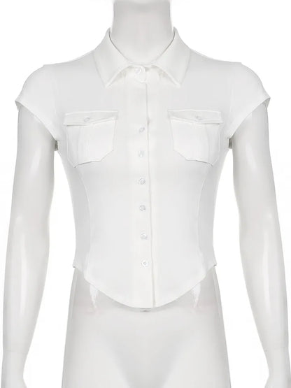 White Pocket Button Down Collar Short Sleeve Shirt
