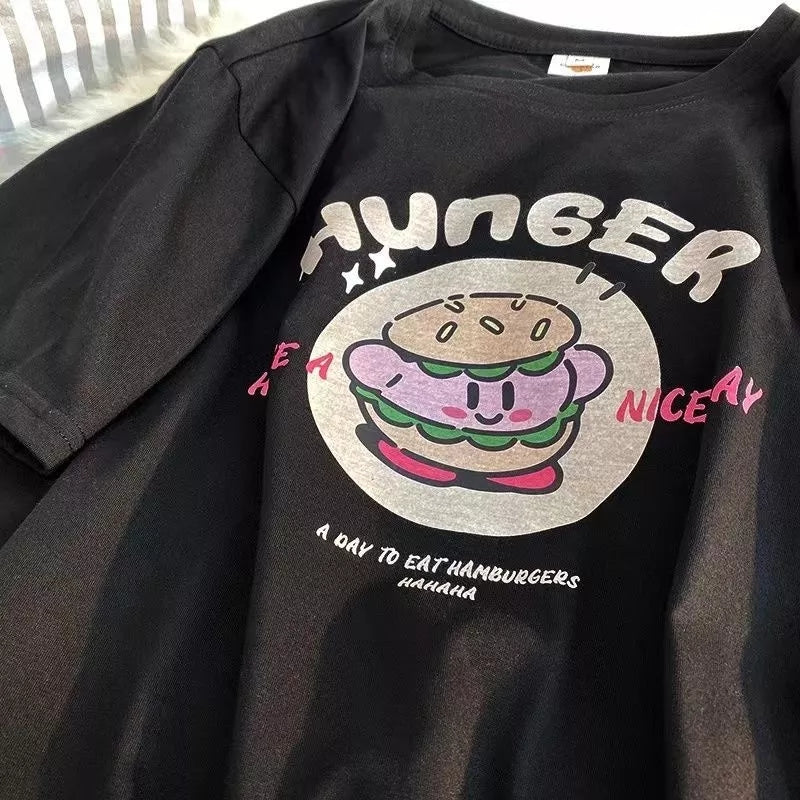 Burger Japanese Anime Print Loose Short Sleeve T-shirt
