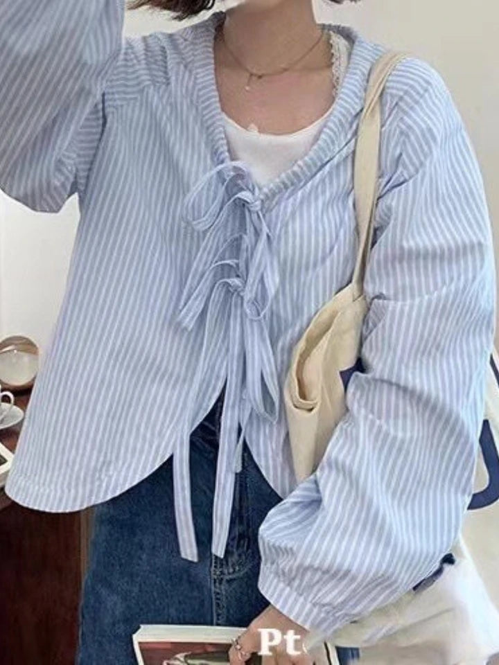 Blue Striped Bandage Long Sleeve Blouse