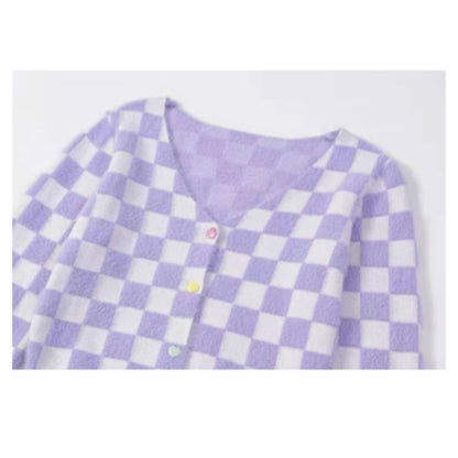 Purple Color Block Heart Button V Neck Sweater