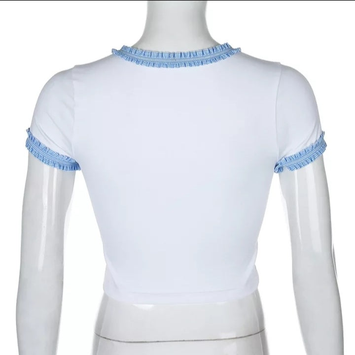 Cute Blue Lace Letter Embroidery Floral Print Short Sleeve Shirt Crop Top Aesthetic Casual Summer E-Girl Kawaii Korean Japanese Harajuku Streetwear