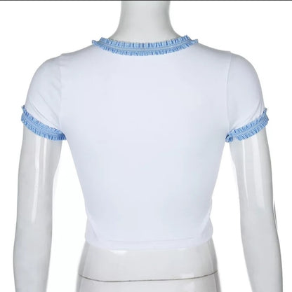 Cute Blue Lace Letter Embroidery Floral Print Short Sleeve Shirt Crop Top Aesthetic Casual Summer E-Girl Kawaii Korean Japanese Harajuku Streetwear