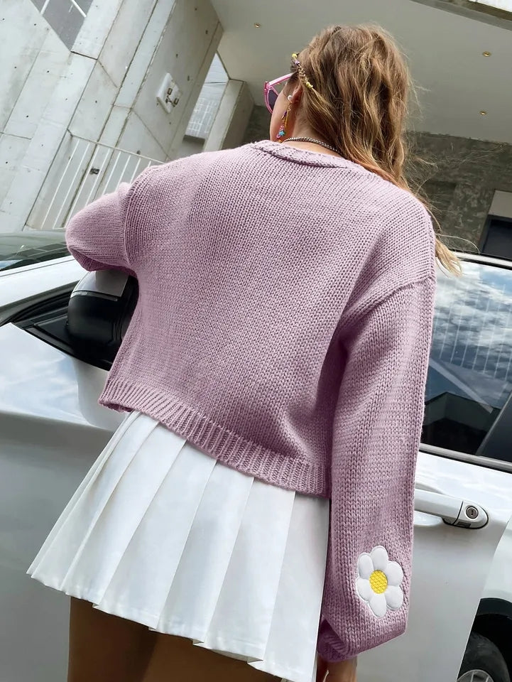 Floral Crochet Knit Lantern Sleeve Cardigan