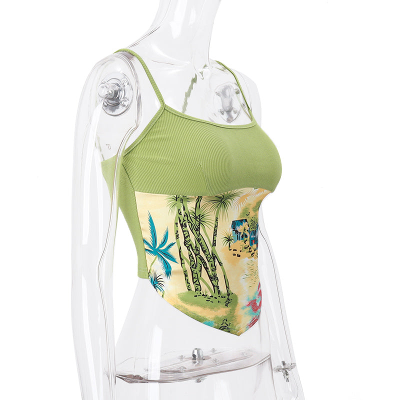 Green Vacation Print Patchwork Tank Top
