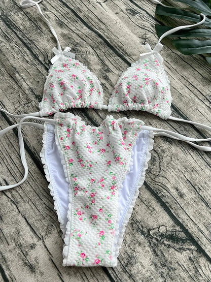 2PCS Floral Print Bow Triangle Bikini Set