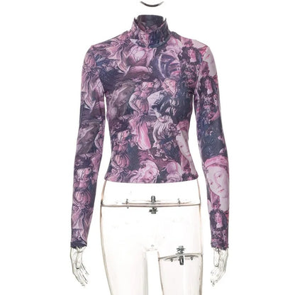 Purple Victorian Print Mesh Long Sleeve Shirt