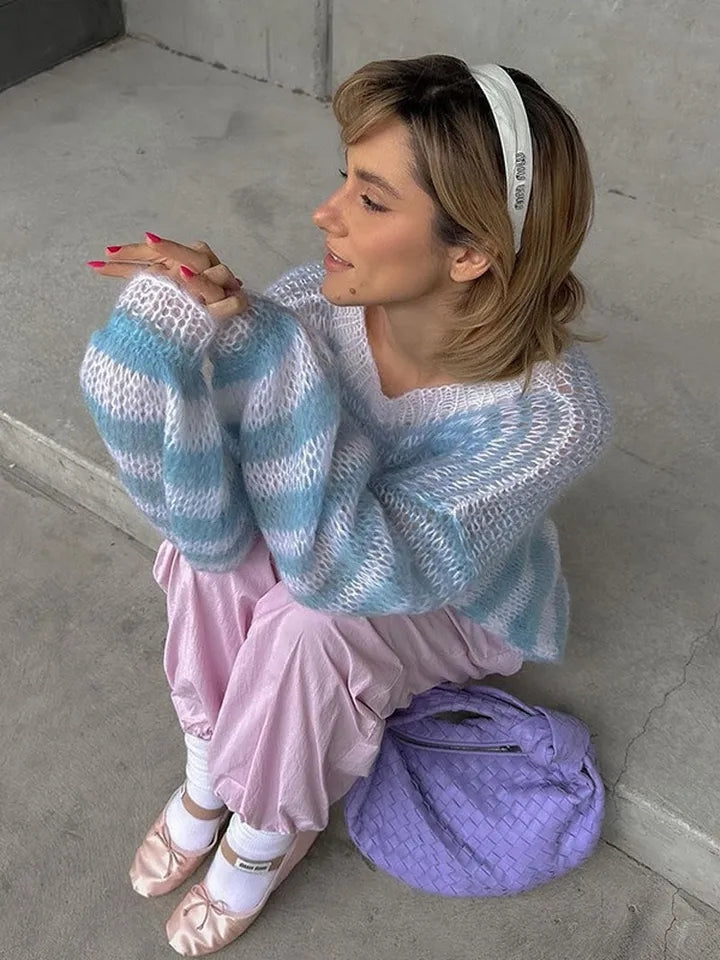 Blue & White Knit Hollow Out Sweater