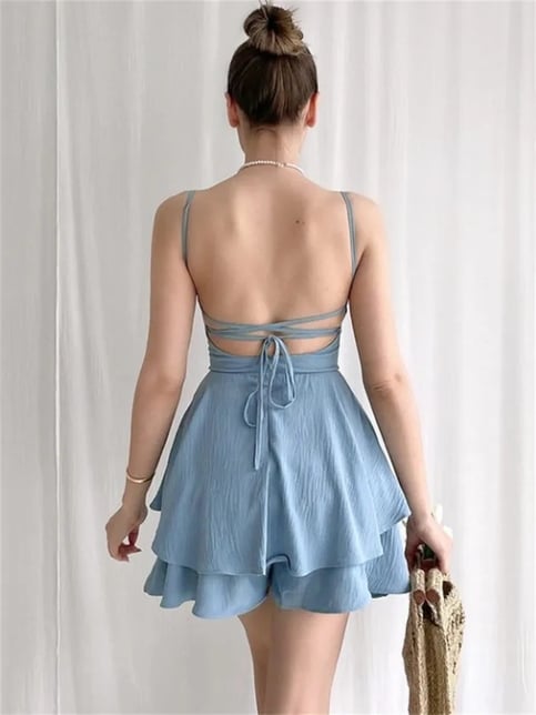 Blue Double Layer Backless Dress