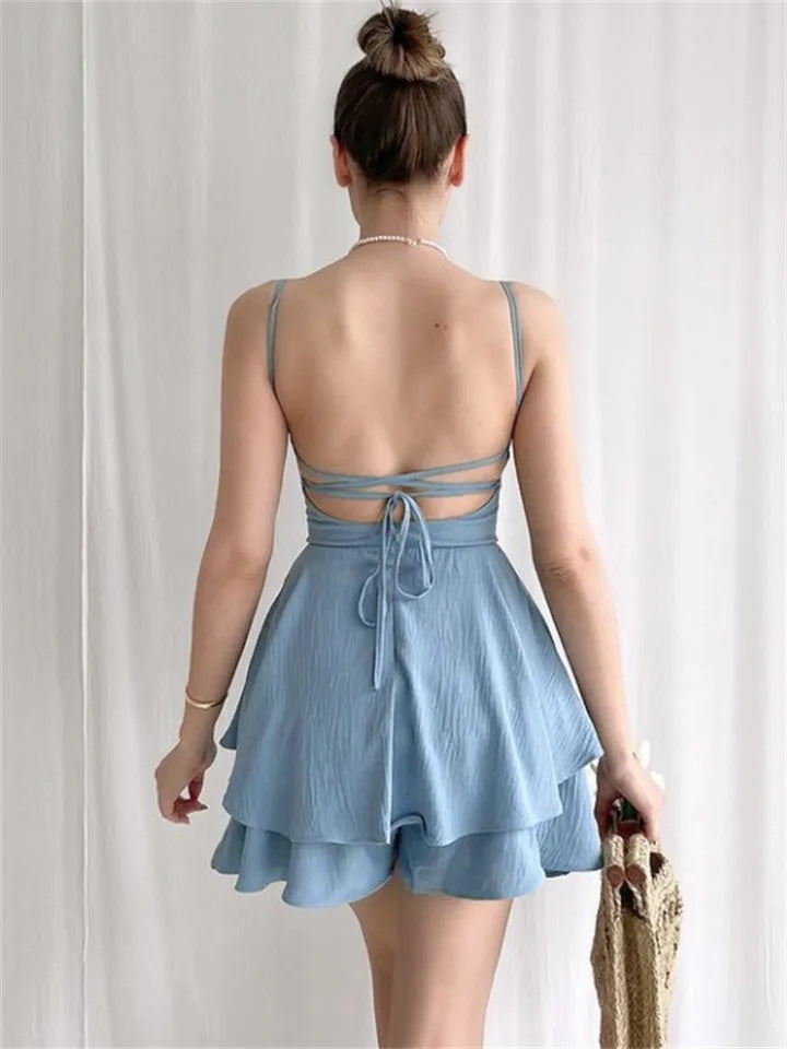 Blue Double Layer Backless Dress
