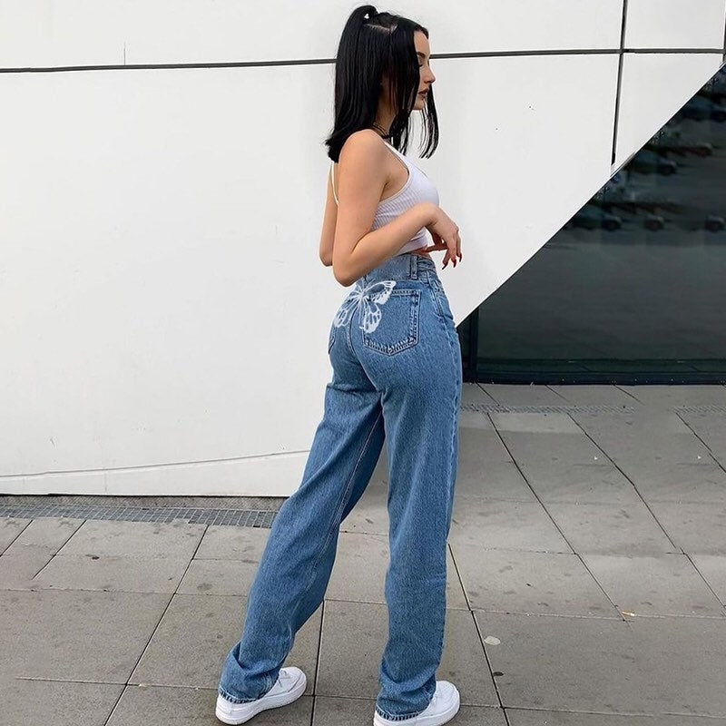 Cute 90s Buttery Print Casual Baggy Straight High Waist Mom Blue Denim Jean Bottom Pant Aesthetic E-Girl Kawaii Korean Japanese Harajuku Streetwear