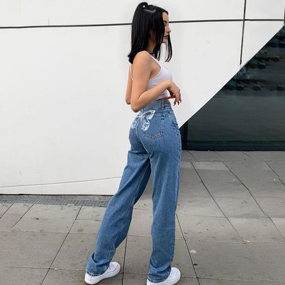 Cute 90s Buttery Print Casual Baggy Straight High Waist Mom Blue Denim Jean Bottom Pant Aesthetic E-Girl Kawaii Korean Japanese Harajuku Streetwear
