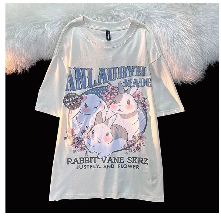 Rabbit Floral Print Short Sleeve T-shirt