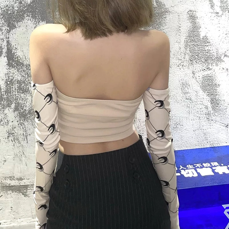 Cute Moon Print Patchwork Bandage Bustier Chain Halter Crop Top Off Shoulder Long Sleeve Shirt Aesthetic E-Girl Kawaii Korean Japanese Harajuku