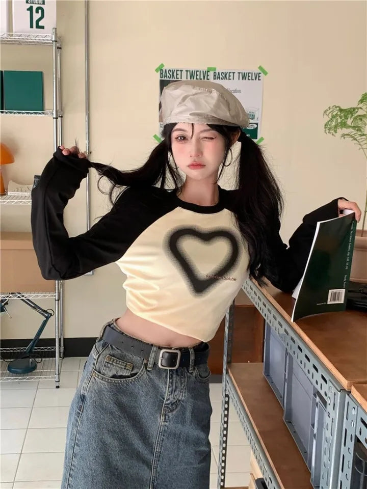 Black Heart Patchwork Long Sleeve T-shirt