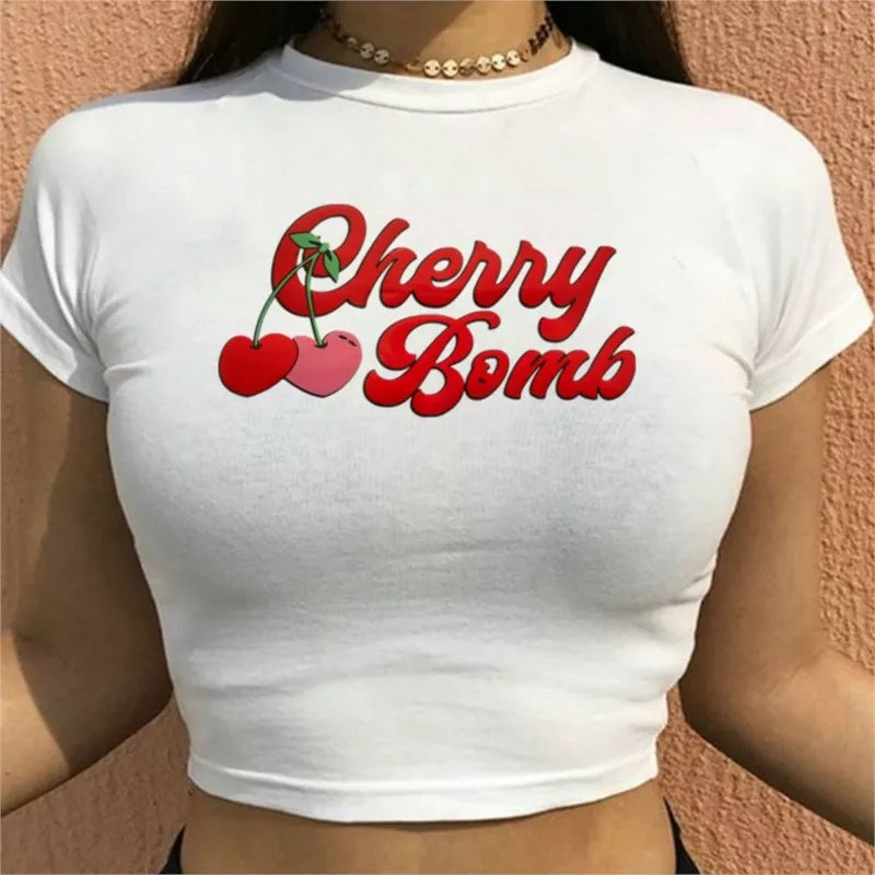 Cherry Print Short Sleeve Crop Top Aesthetic Casual E-Girl Kawaii Korean Japanese Harajuku