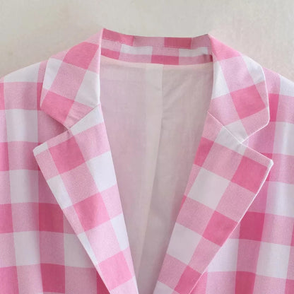 Cute 2pcs Set Vinatge Pink Plaid Blazer + High Waist Mini Skirt Suit Summer Aesthetic Casual E-Girl Kawaii Korean Japanese Harajuku