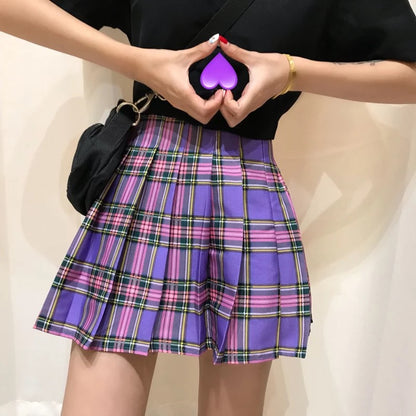 Purple Plaid Spring Summer High Waisted Pleated Skirt School Girl Skater Bottoms E-Girl Kawaii Korean Japanese Harajuku Streetwear