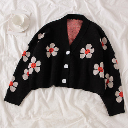 Cute Vintage Flower V Neck Long Sleeve Knit Cardigan Sweater Sweatshirt Pullover Jumper E-Girl Kawaii Korean Japanese Harajuku Streetwear