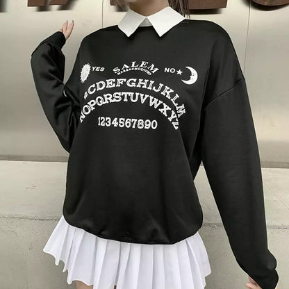 Black Ouija Board Magic Witch Oversized Sweatshirt Sweater Long Sleeve Pullover Jumper Goth Casual E-Girl Kawaii Korean Japanese Harajuku Streetwear