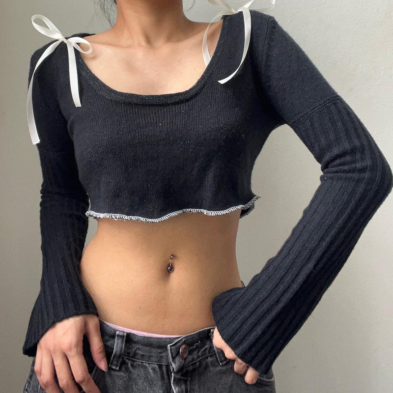 Bow Knit Square Neck Long Sleeve Top