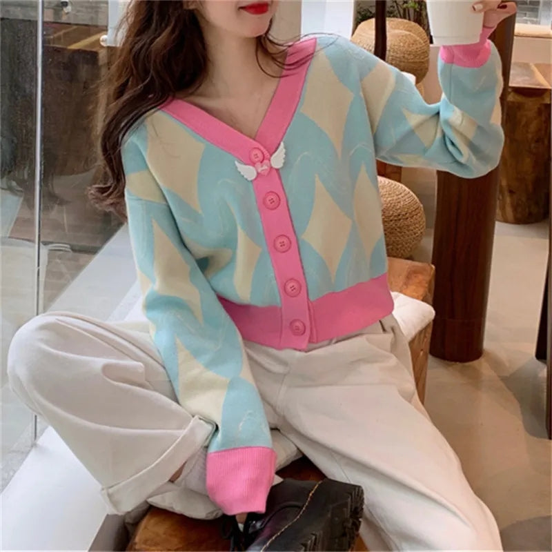 Pastel Argyle V Neck Cardigan Sweater