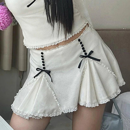White Lace Bow Patchwork Mini Skirt